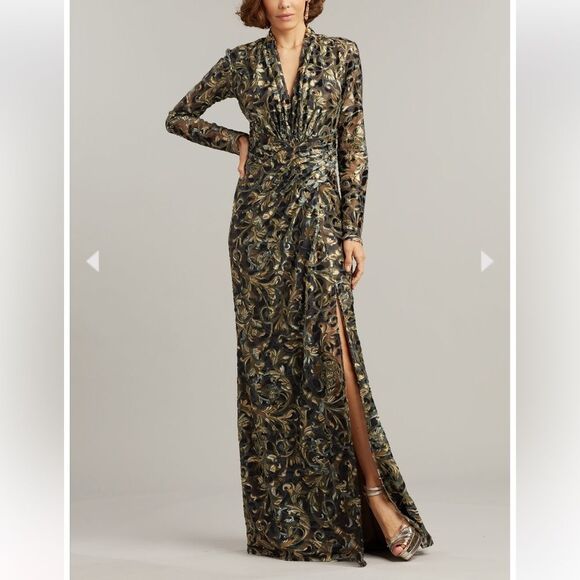 Tadashi Shoji Arlette Burnout Velvet Maxi Dress Long Sleeve Gown Size 10 - Picture 1 of 16